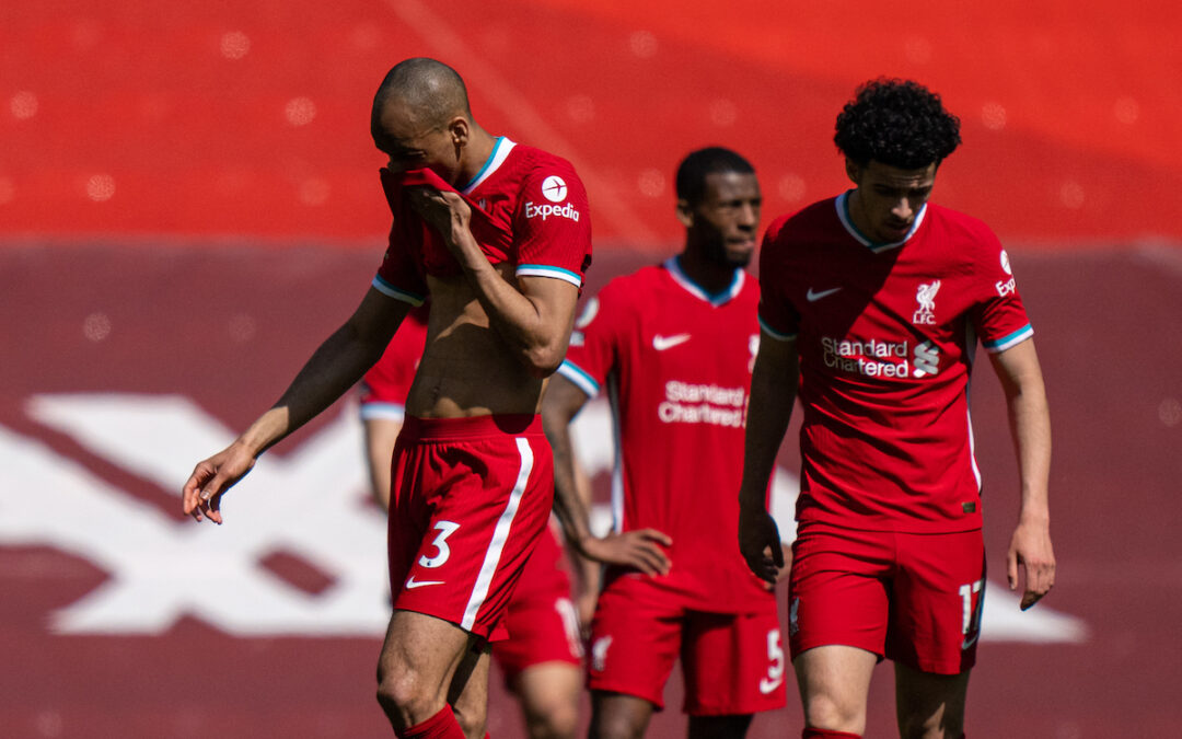 Liverpool's Fabio Henrique Tavares 'Fabinho' looks dejected after his side concede a 95th minute equalising goal during the FA Premier League match between Liverpool FC and Newcastle United FC at Anfield.