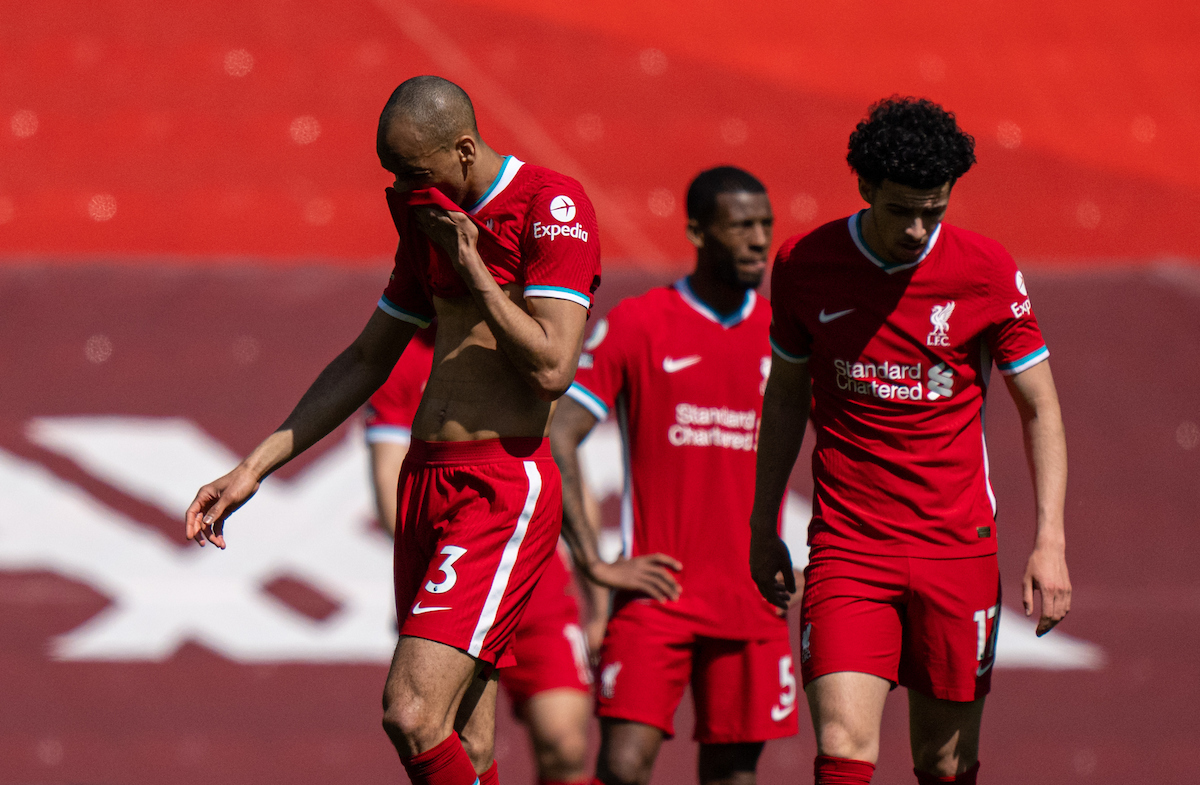 Liverpool's Fabio Henrique Tavares 'Fabinho' looks dejected after his side concede a 95th minute equalising goal during the FA Premier League match between Liverpool FC and Newcastle United FC at Anfield.