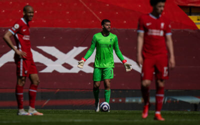 Saturday, April 24, 2021: Liverpool's goalkeeper Alisson Becker looks dejected after his side concede a 95th minute equalising goal during the FA Premier League match between Liverpool FC and Newcastle United FC at Anfield.