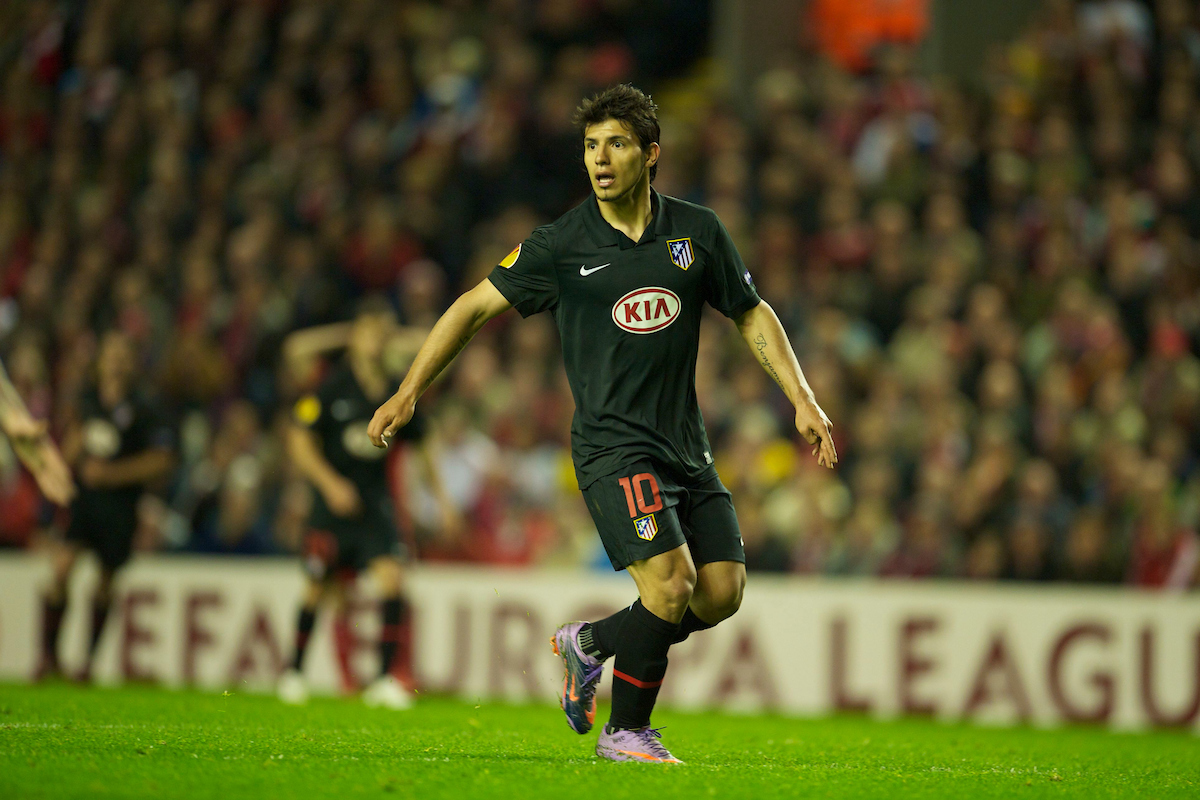 Atletico Madrid's Sergio Aguero in action against Liverpool during the UEFA Europa League Semi-Final 2nd Leg match at Anfield.