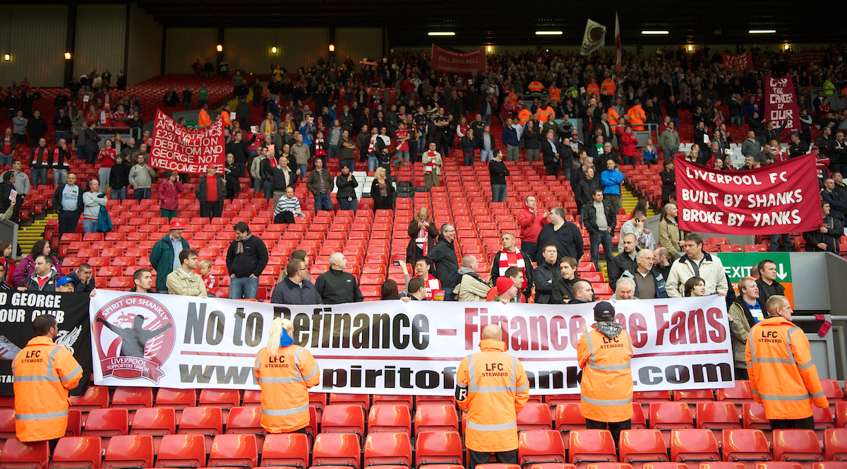 October 3, 2010: Liverpool supporters protest against American co-owners Tom Hicks and George N. Gillett Jr. after the side's embarrassing 2-1 defeat at home to Blackpool during the Premiership match at Anfield.