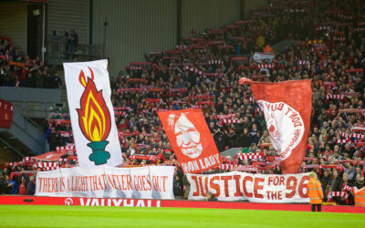 Liverpool supporters banner 'Justice for the 96' for those who died at Hillsborough.