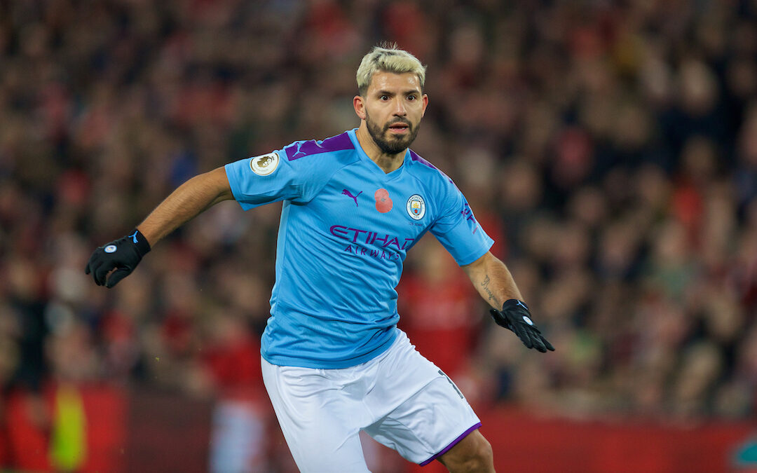 Manchester City's Sergio Aguero during the FA Premier League match between Liverpool FC and Manchester City FC at Anfield.