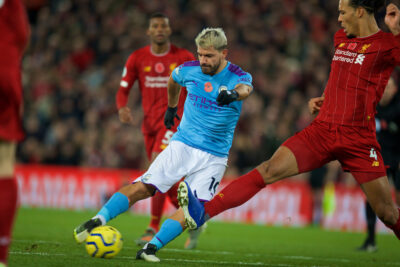 Manchester City's Sergio Aguero during the FA Premier League match between Liverpool FC and Manchester City FC at Anfield.
