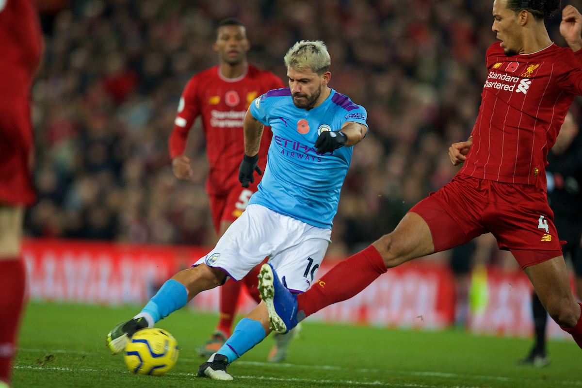 Manchester City's Sergio Aguero during the FA Premier League match between Liverpool FC and Manchester City FC at Anfield.
