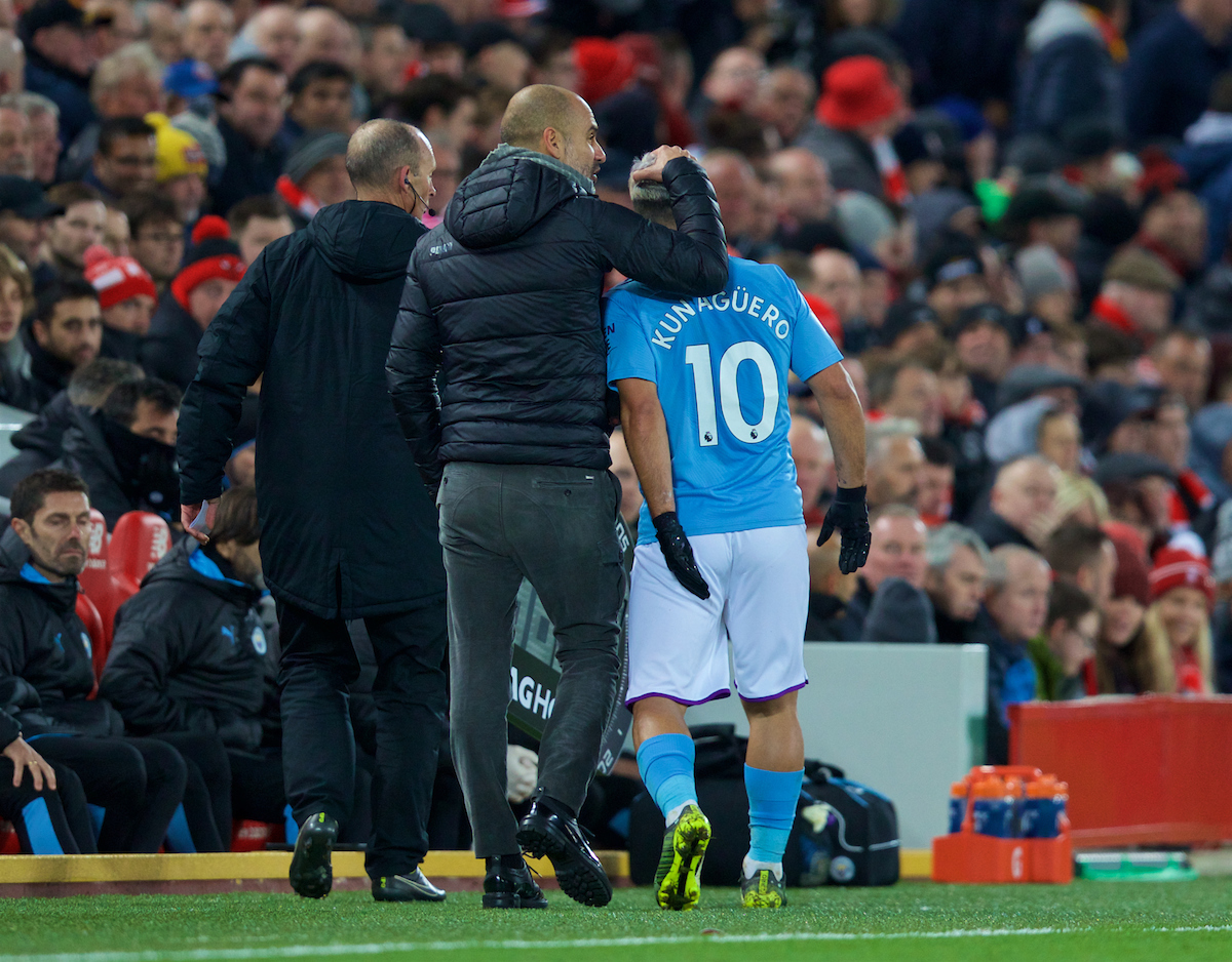 Manchester City's Sergio Aguero is substituted by head coach Pep Guardiola during the FA Premier League match between Liverpool FC and Manchester City FC at Anfield.