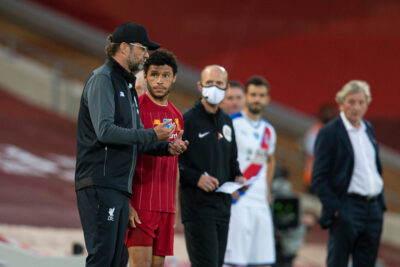 Liverpool’s substitute Alex Oxlade-Chamberlain with manager Jurgen Klopp during the FA Premier League match between Liverpool FC and Crystal Palace FC at Anfield.