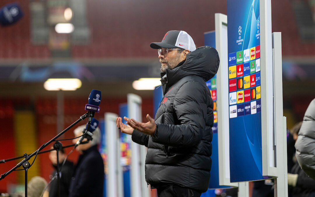 Liverpool's manager Jürgen Klopp gives a television interview after the UEFA Champions League Group D match between Liverpool FC and Atalanta BC at Anfield.