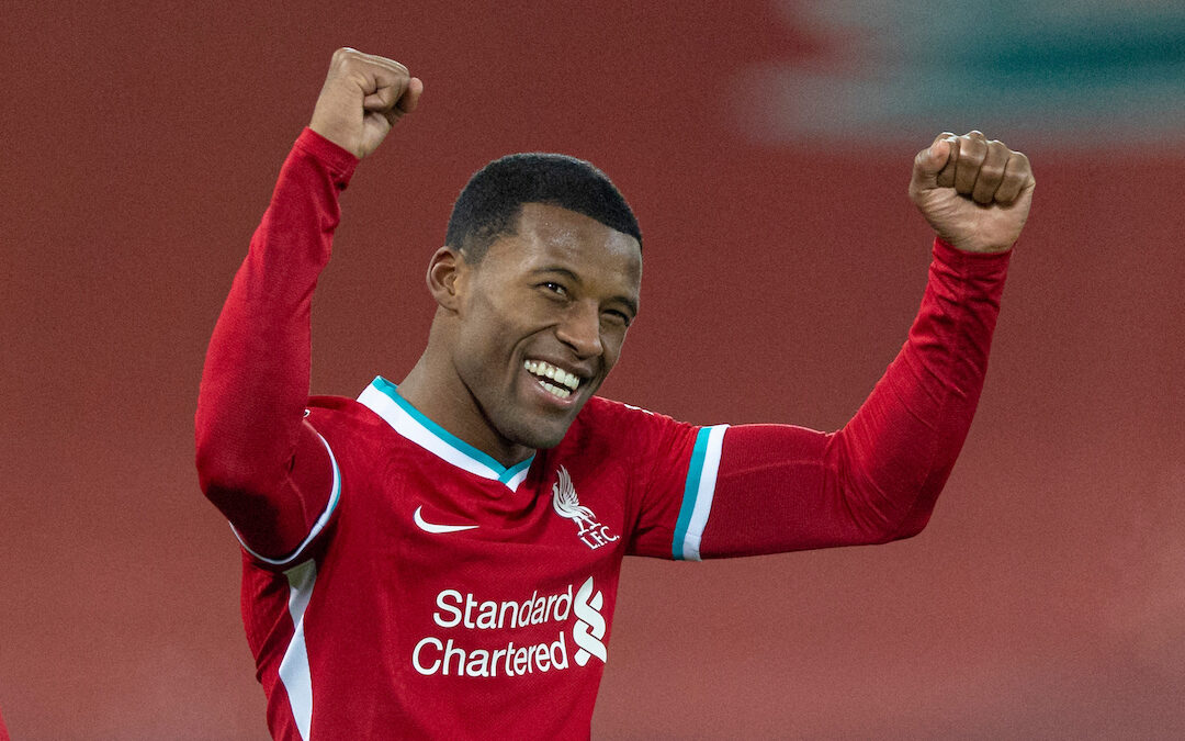 Liverpool's Gini Wijnaldum celebrates after scoring the second goal during the FA Premier League match between Liverpool FC and Wolves at Anfield.