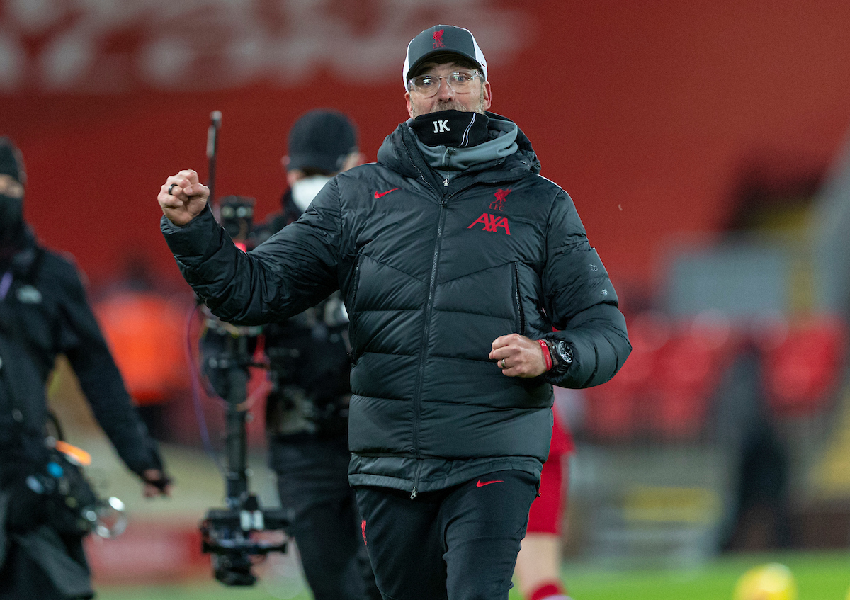 Liverpool manager Jurgen Klopp celebrates in front of the supporters at Anfield.
