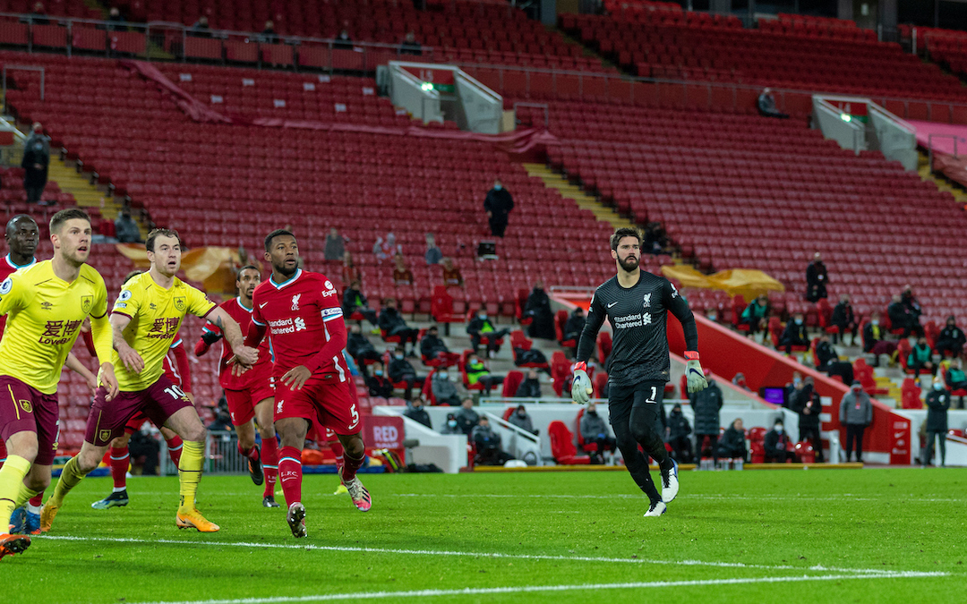 Liverpool's goalkeeper Alisson Becker runs up to the Burnley half for a corner in injury time with his side trailing 1-0 during the FA Premier League match between Liverpool FC and Burnley FC at Anfield.