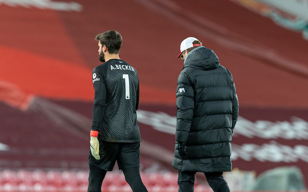 Liverpool's goalkeeper Alisson Becker walks off with manager Jurgen Klopp after the FA Premier League match between Liverpool FC and Burnley FC at Anfield.