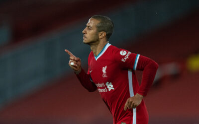 Liverpool's Thiago Alcantara celebrates after scoring the second goal during the FA Premier League match between Liverpool FC and Southampton FC at Anfield.