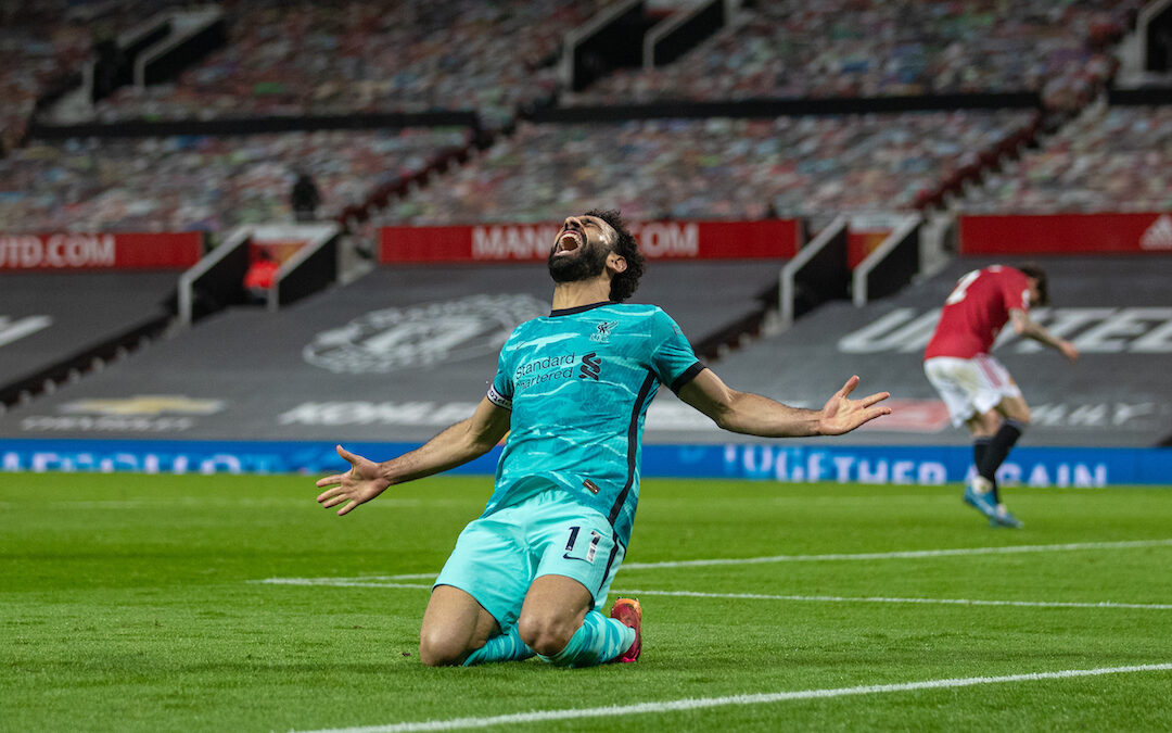 Liverpool's Mo Salah celebrates after scoring the fourth goal during the FA Premier League match between Manchester United FC and Liverpool FC at Old Trafford.