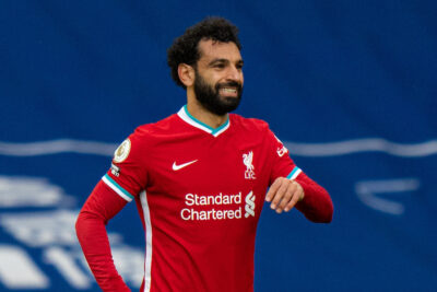 Liverpool's Mo Salah celebrates after scoring the first equalising goal during the FA Premier League match between West Bromwich Albion FC and Liverpool FC at The Hawthorns.