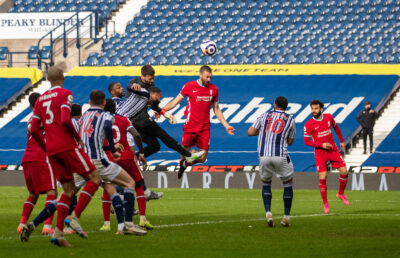 Alisson Becker scores the winning second goal with a head in injury time during the FA Premier League match between West Brom and Liverpool FC at The Hawthorns.