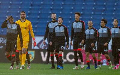 Liverpool players before the FA Premier League match between Burnley FC and Liverpool FC at Turf Moor.