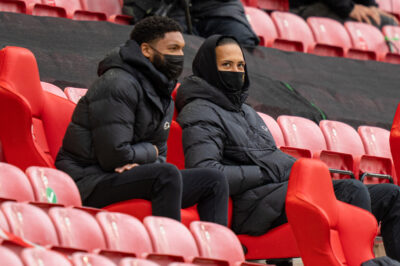 Liverpool's injured Virgil van Dijk and Joe Gomez during the final FA Premier League match between Liverpool FC and Crystal Palace FC at Anfield.