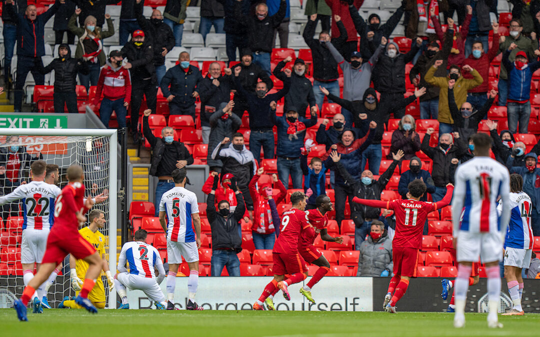 Liverpool's Sadio Mane celebrates after scoring the first goal during the final FA Premier League match between Liverpool FC and Crystal Palace FC at Anfield.