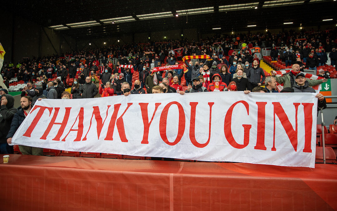 Liverpool supporters' banner "Thank you Gini Wijnaldum" during the final FA Premier League match between Liverpool FC and Crystal Palace FC at Anfield.