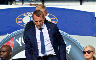 Leicester City manager Brendan Rodgers during the FA Premier League match between Chelsea's FC and Leicester City FC at Stamford Bridge.