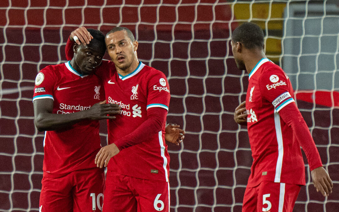 Liverpool's Sadio Mané (L) celebrates with team-mate Thiago Alcantara after scoring the first goal during the FA Premier League match between Liverpool FC and Southampton FC at Anfield.