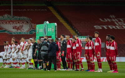 Liverpool players line-up before the FA Premier League match between Liverpool FC and Southampton FC at Anfield.