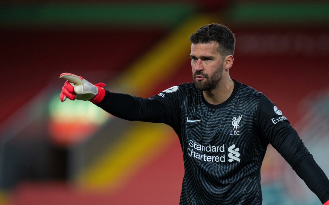 Liverpool's goalkeeper Alisson Becker during the FA Premier League match between Liverpool FC and Southampton FC at Anfield.