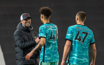 Liverpool's manager Jürgen Klopp celebrates with Rhys Williams after the FA Premier League match between Manchester United FC and Liverpool FC at Old Trafford. Liverpool won 4-2.