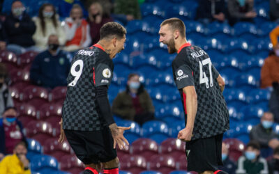 Liverpool's Nat Phillips (R) celebrates after scoring the second goal during the FA Premier League match between Burnley FC and Liverpool FC at Turf Moor.