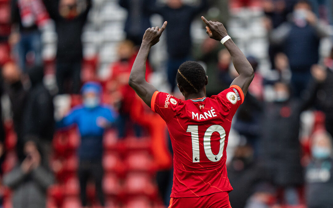 Liverpool's Sadio Mane celebrates after scoring the second goal during the final FA Premier League match between Liverpool FC and Crystal Palace FC at Anfield.