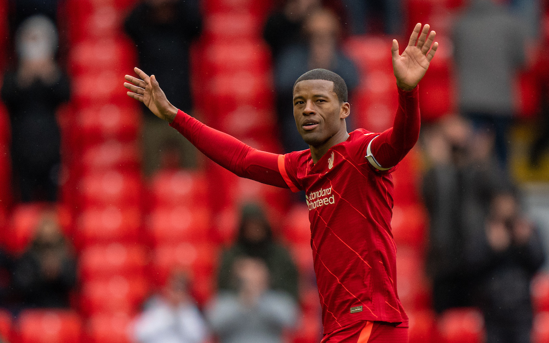 Liverpool's Gini Wijnaldum waves to the crowd as he is substituted during the final FA Premier League match between Liverpool FC and Crystal Palace FC at Anfield.