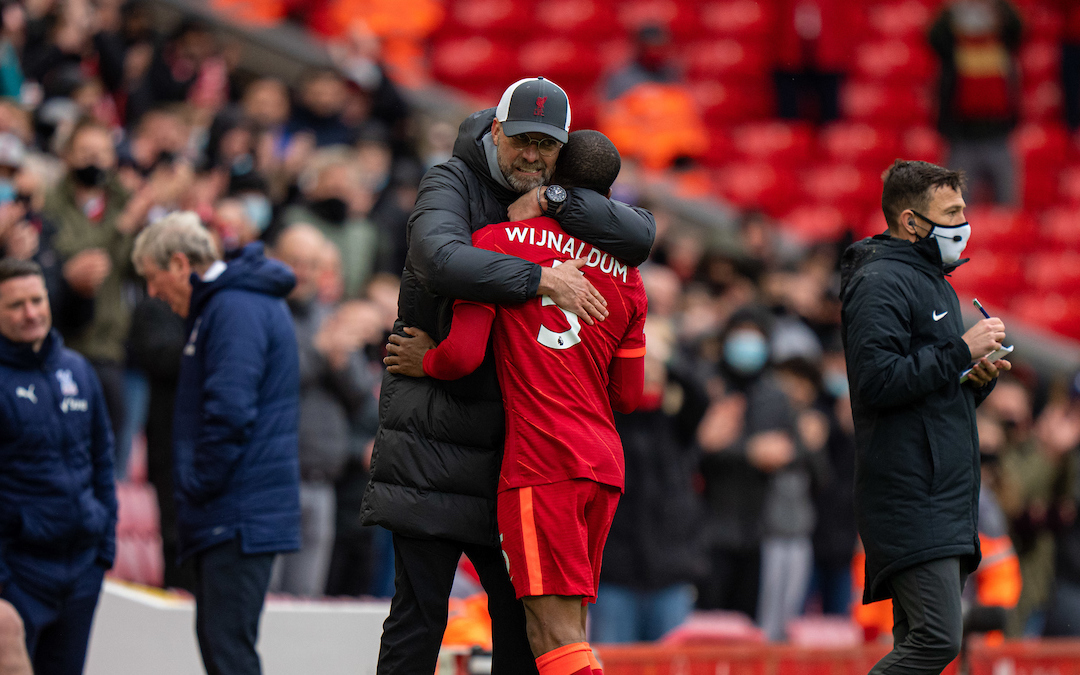 Liverpool's manager Jurgen Klopp embraces Gini Wijnaldum as he is substituted during the final FA Premier League match between Liverpool FC and Crystal Palace FC at Anfield.