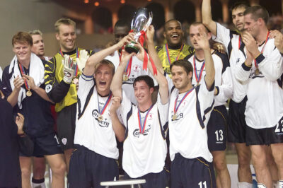 Pegguy Arphexad and his Liverpool teammates celebrate winning the UEFA Super Cup