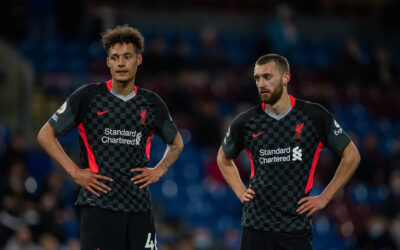 Liverpool's Rhys Williams and Nathaniel Phillips during the FA Premier League match between Burnley FC and Liverpool FC at Turf Moor.