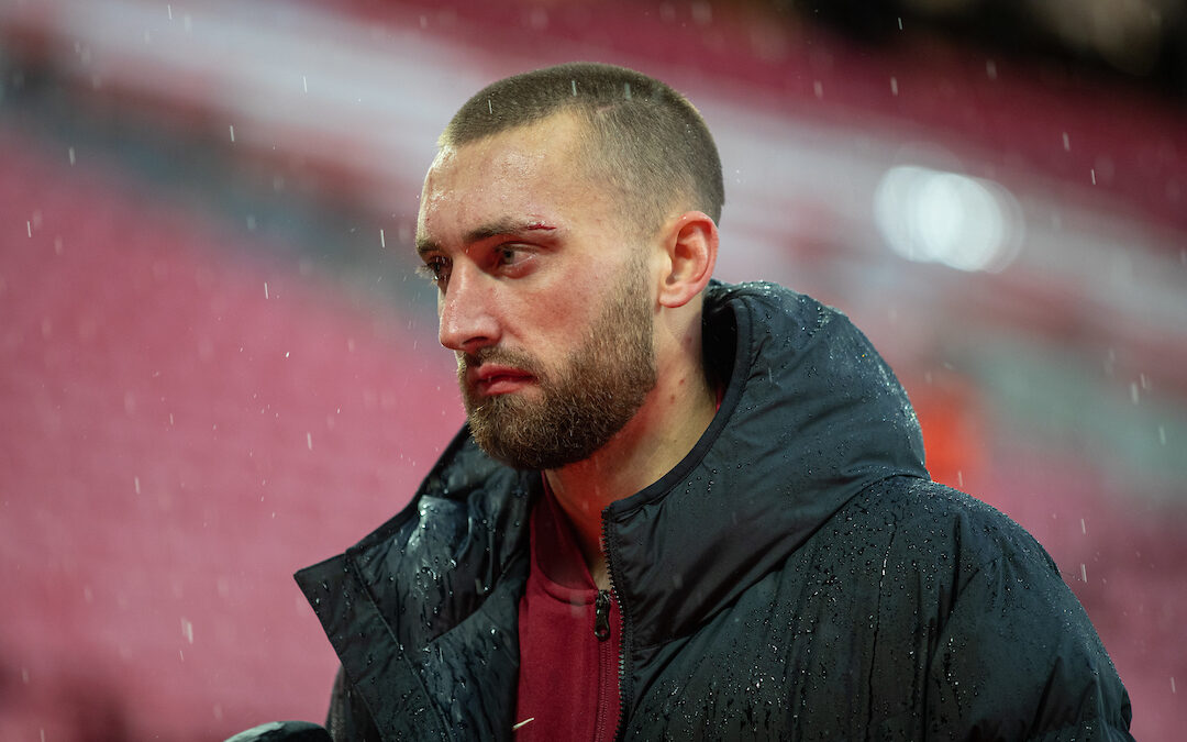 Liverpool's Nat Phillips, with a cut above his left eye, after the final FA Premier League match between Liverpool FC and Crystal Palace FC at Anfield