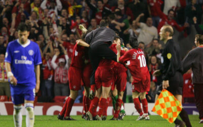 Liverpool players celebrate victory 1-0 over Chelsea during the UEFA Champions League Semi Final 2nd Leg at Anfield
