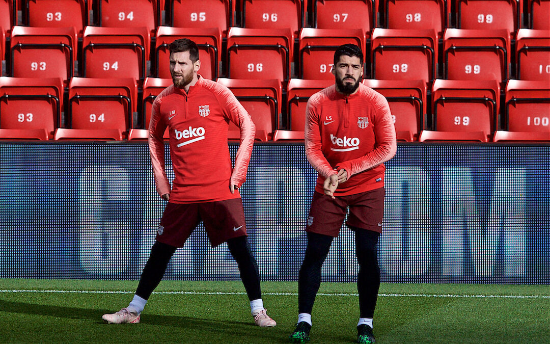 Barcelona's Lionel Messi (L) and Luis Suárez during a training session ahead of the UEFA Champions League Semi-Final 2nd Leg match between Liverpool FC and FC Barcelona at Anfield