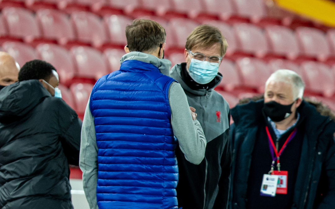 Liverpool's manager Jürgen Klopp (R) and Chelsea's manager Thomas Tuchel before the FA Premier League match between Liverpool FC and Chelsea FC at Anfield