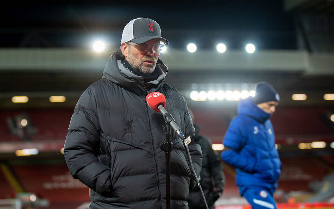 Liverpool's manager Jürgen Klopp is interviewed by BBC Radio 5 Live after the FA Premier League match between Liverpool FC and Chelsea FC at Anfield
