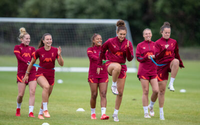 Liverpool's (L-R) Missy Bo Kearns, Leighanne Robe, Taylor Hinds, Jade Bailey, Rianna Dean during a training session at The Campus as the team prepare for the start of the new 2021/22 season