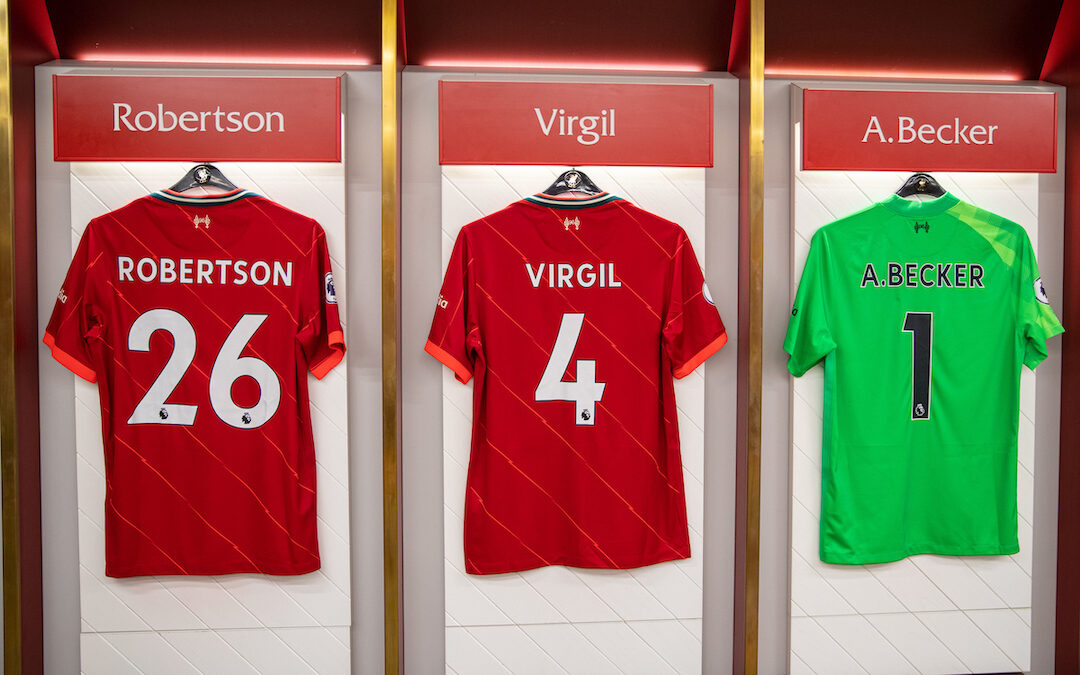 Liverpool players' shirts, including Andy Robertson, Virgil van Dijk and goalkeeper Alisson Becker