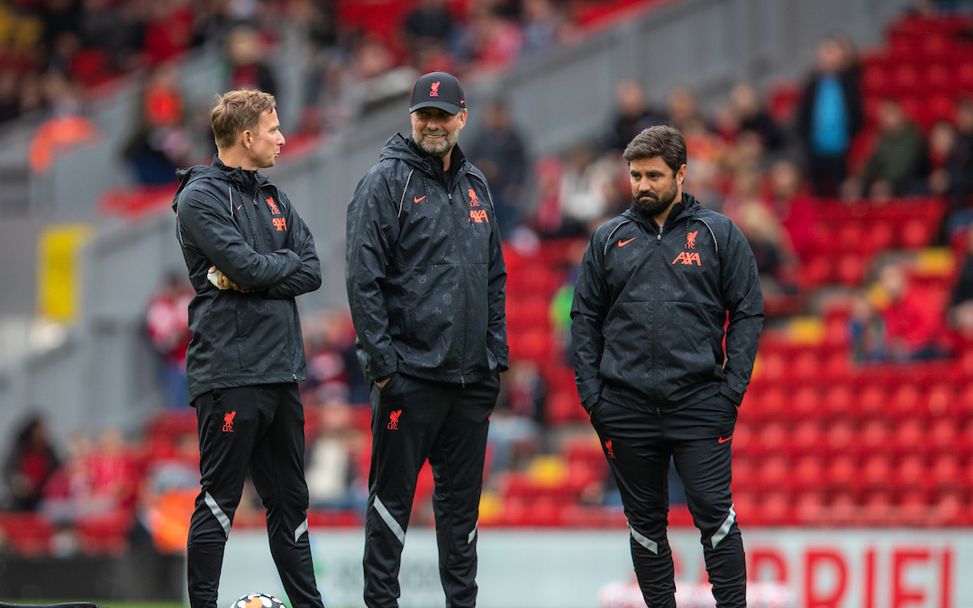 Liverpool's manager Jürgen Klopp (C) with first-team development coach Pepijn Lijnders (L) and elite development coach Vitor Matos (R) during the pre-match warm-up before a pre-season friendly match between Liverpool FC and Athletic Club de Bilbao at Anfield