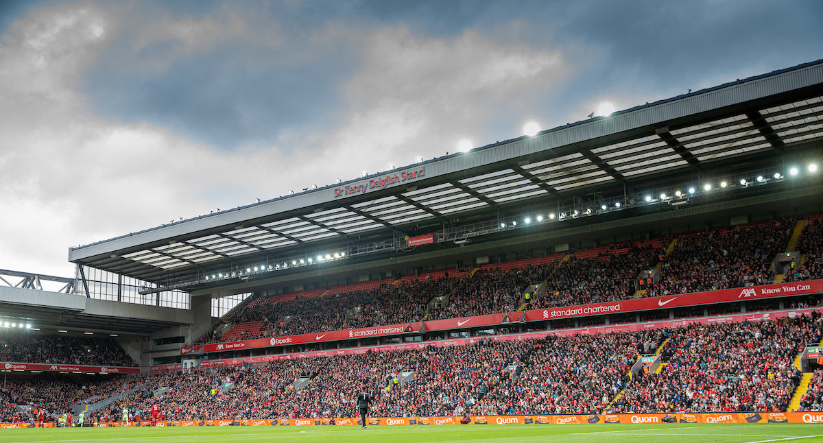 Supporters in the Kenny Dalglish Stand during a pre-season friendly match between Liverpool FC and Athletic Club de Bilbao at Anfield