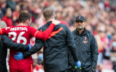 Liverpool's manager Jürgen Klopp looks on as Andy Robertson goes off with an injury during a pre-season friendly match between Liverpool FC and Athletic Club de Bilbao at Anfield