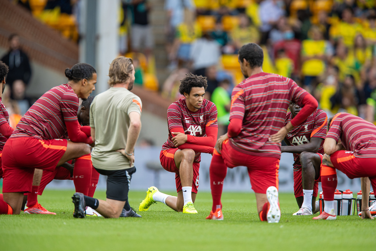 the pre-match warm-up before the FA Premier League match between Norwich City FC and Liverpool FC at Carrow Road