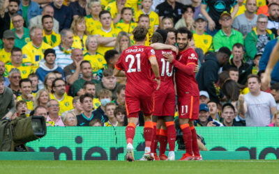 Liverpool's Diogo Jota (C) celebrates after scoring the first goal during the FA Premier League match between Norwich City FC and Liverpool FC at Carrow Road