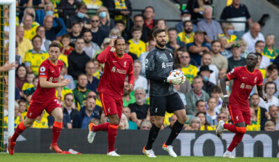 Liverpool's Diogo Jota, Virgil van Dijk, goalkeeper Alisson Becker and Sadio Mané during the FA Premier League match between Norwich City FC and Liverpool FC at Carrow Road