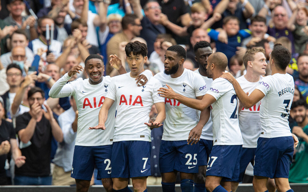 Tottenham Hotspur's Son Heung-min (2nd from L) celebrates with team-mates after scoring the only goal of the game during the FA Premier League match between Tottenham Hotspur FC and Manchester City FC at the Tottenham Hotspur Stadium