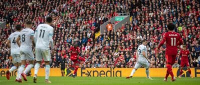 Liverpool's Naby Keita shoots during the FA Premier League match between Liverpool FC and Burnley FC at Anfield